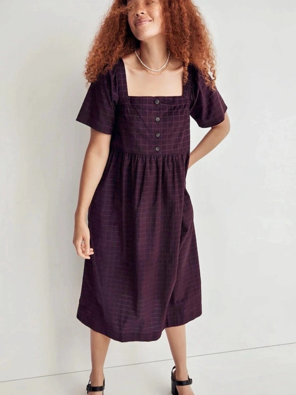 Madewell Burgundy Plaid Square Neck Midi windowpane corduroy XXS Button Front